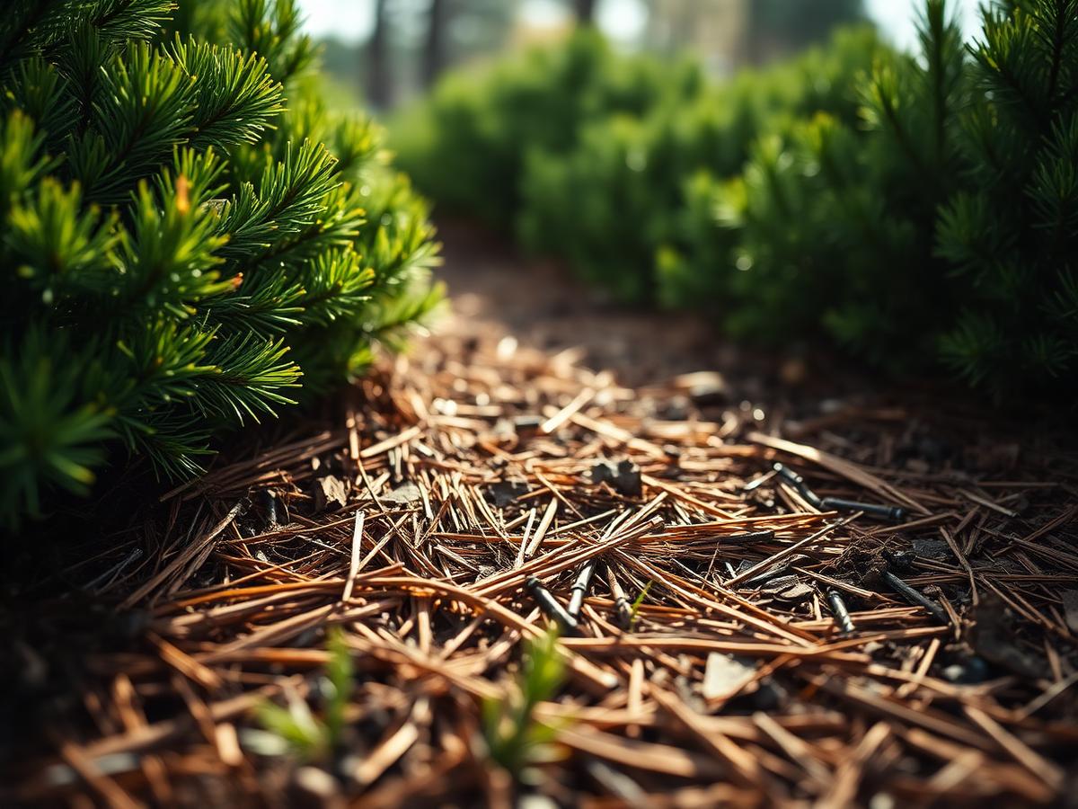 Fresh pine straw mulch bed